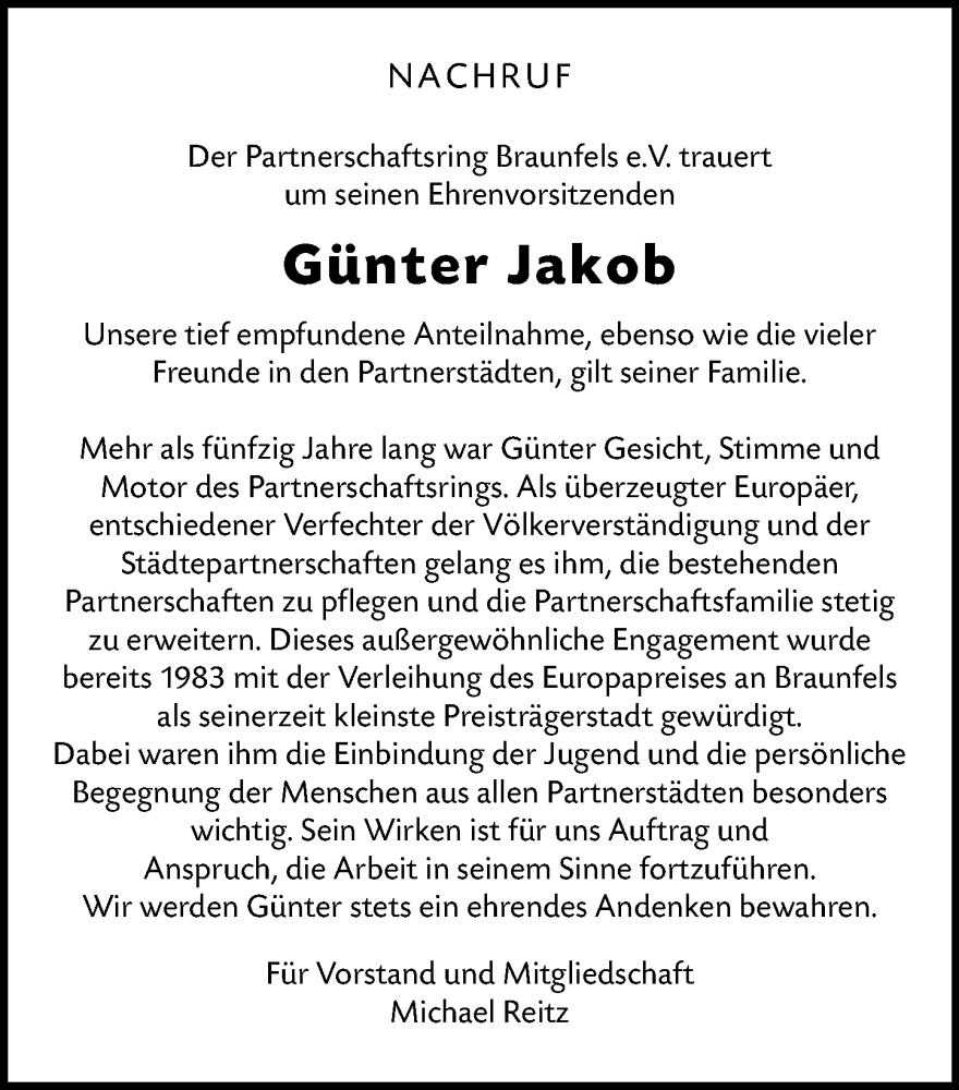  Traueranzeige für Günter Jakob vom 19.04.2025 aus Wetzlarer Neue Zeitung