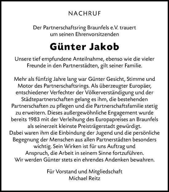 Traueranzeige von Günter Jakob von Wetzlarer Neue Zeitung