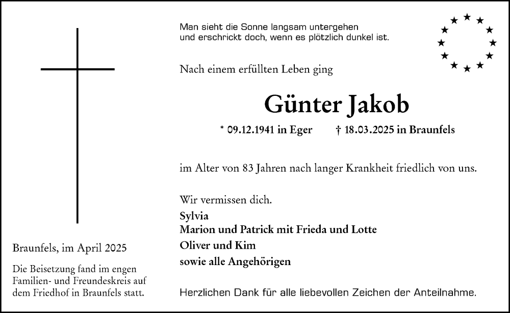  Traueranzeige für Günter Jakob vom 12.04.2025 aus Wetzlarer Neue Zeitung
