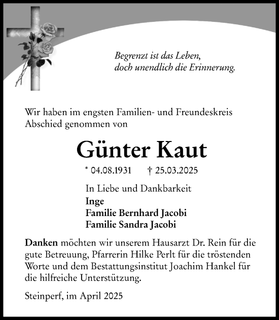 Traueranzeige von Günter Kaut von Hinterländer Anzeiger