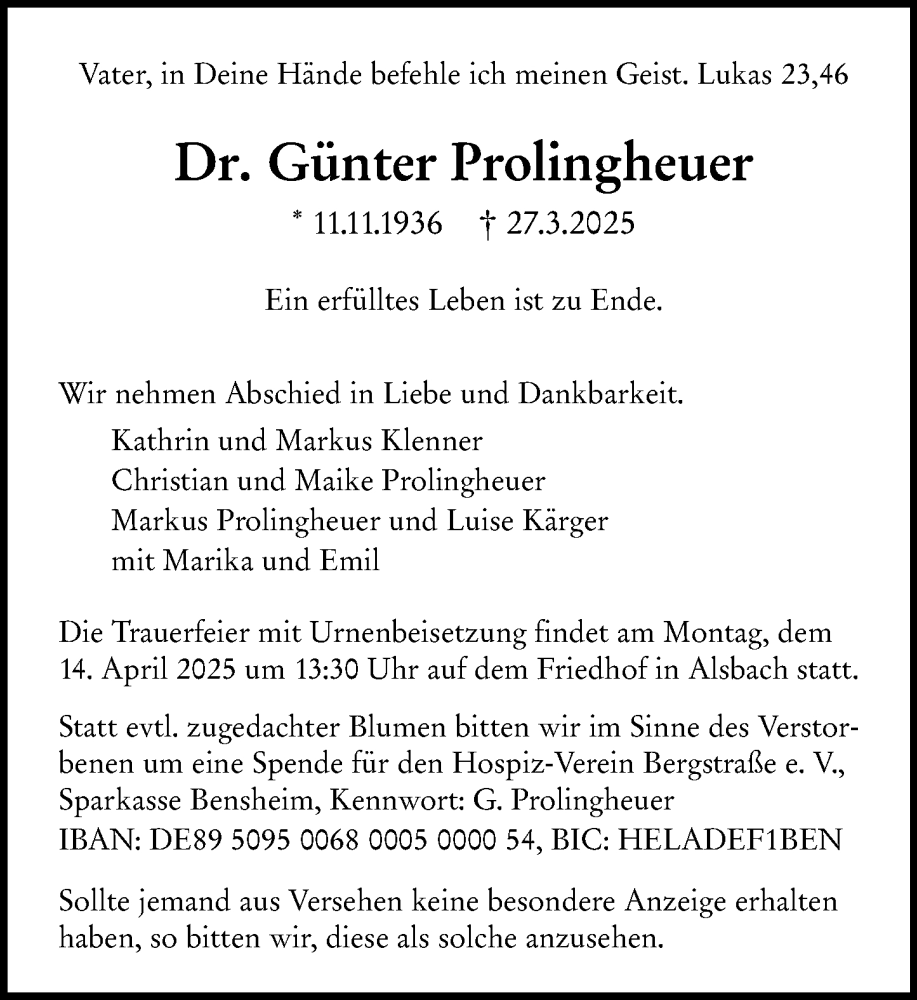  Traueranzeige für Günter Prolingheuer vom 05.04.2025 aus Darmstädter Echo