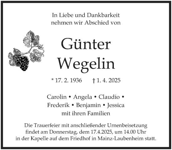 Traueranzeige von Günter Wegelin von Allgemeine Zeitung Mainz