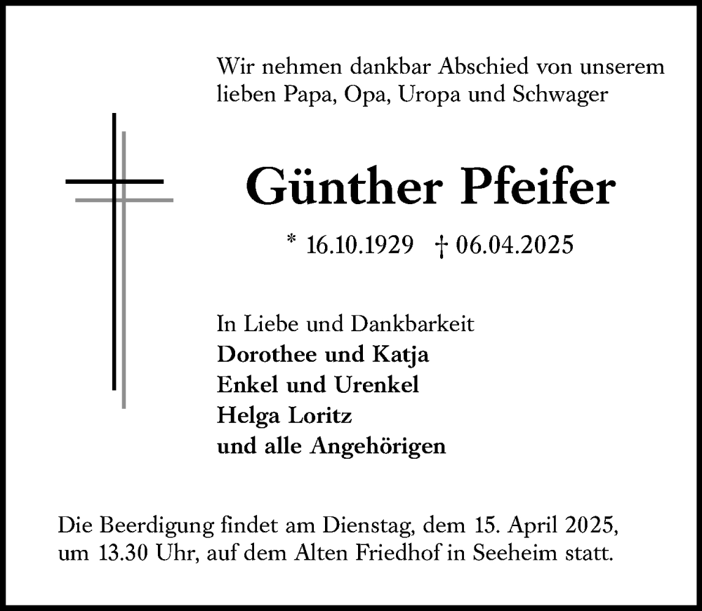  Traueranzeige für Günther Pfeifer vom 12.04.2025 aus Darmstädter Echo