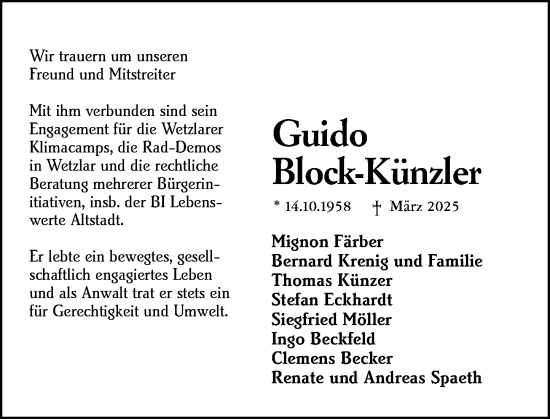 Traueranzeige von Guido Block-Kunzler von Wetzlarer Neue Zeitung