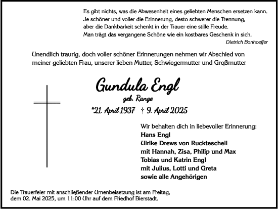 Traueranzeige von Gundula Engl von Wiesbadener Kurier