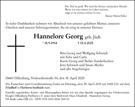Traueranzeige von Hannelore Georg von Dill Block