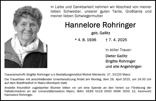 Traueranzeige von Hannelore Rohringer von Allgemeine Zeitung Mainz
