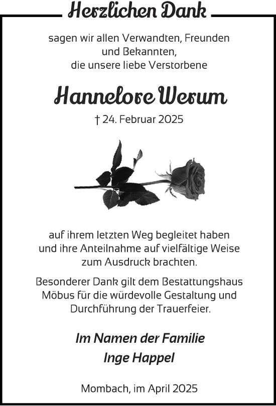 Traueranzeige von Hannelore Werum von Allgemeine Zeitung Mainz