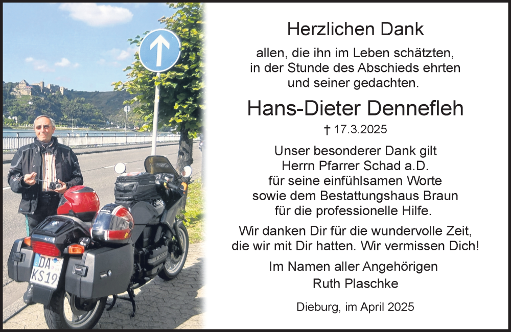  Traueranzeige für Hans-Dieter Dennefleh vom 26.04.2025 aus Dieburger Anzeiger/Groß-Zimmerner Lokal-Anzeiger