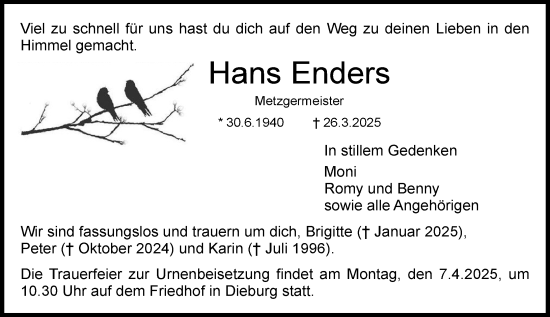Traueranzeige von Hans Enders von Dieburger Anzeiger/Groß-Zimmerner Lokal-Anzeiger