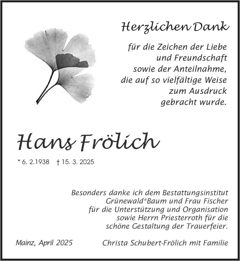  Traueranzeige für Hans Frölich vom 19.04.2025 aus Allgemeine Zeitung Mainz