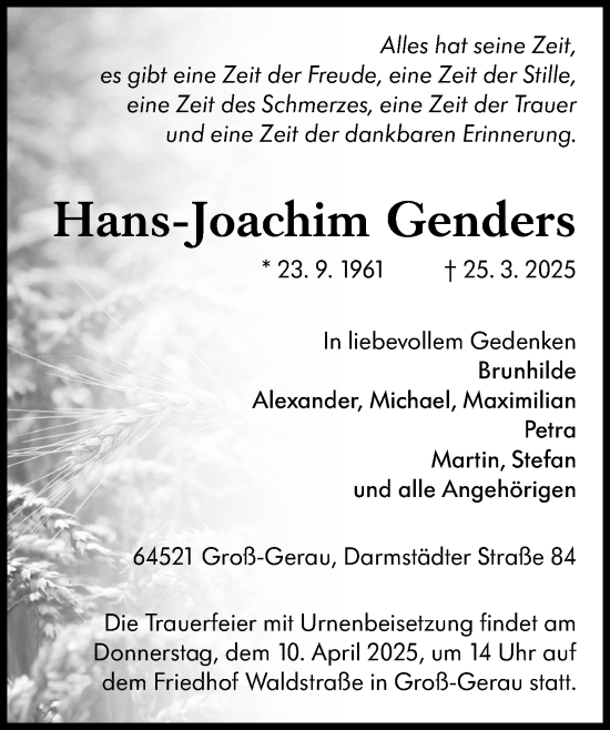 Traueranzeige von Hans-Joachim Genders von Groß-Gerauer Echo