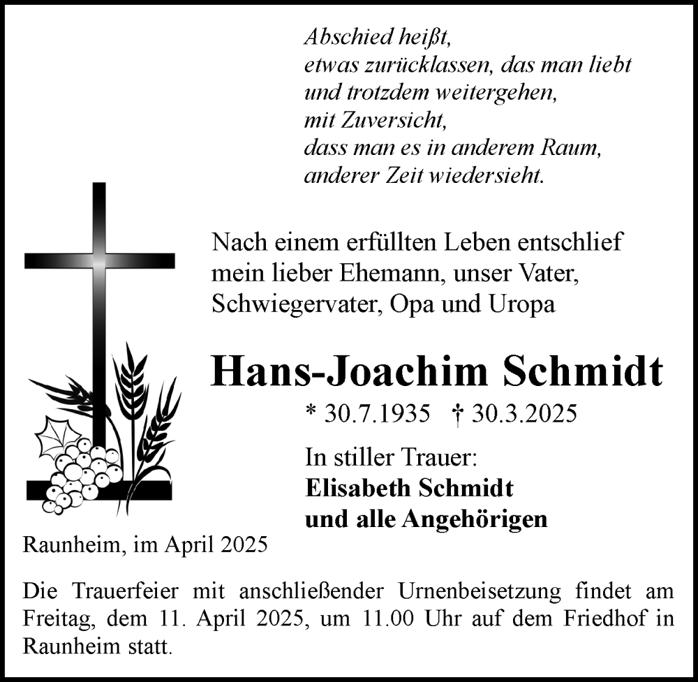  Traueranzeige für Hans-Joachim Schmidt vom 05.04.2025 aus Rüsselsheimer Echo