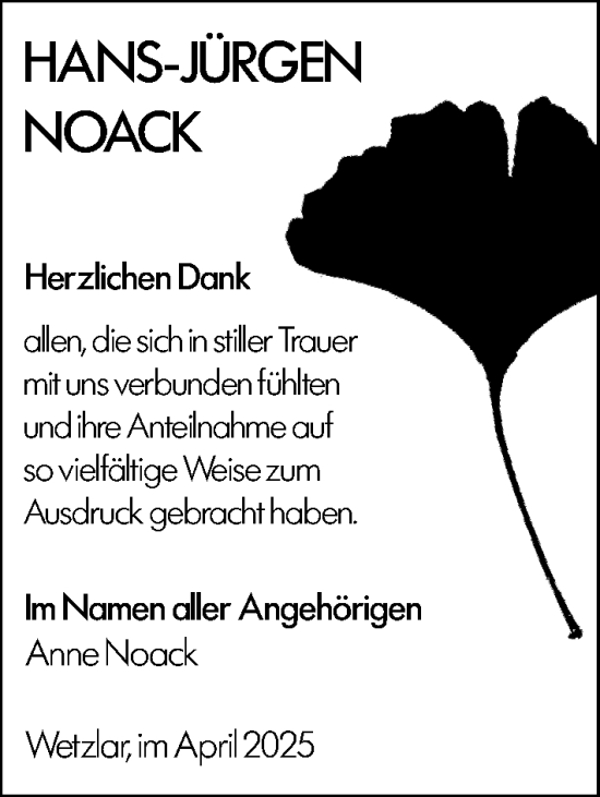 Traueranzeige von Hans-Jürgen Noack von Wetzlarer Neue Zeitung
