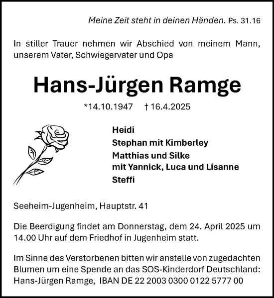 Traueranzeige von Hans-Jürgen Ramge von Darmstädter Echo