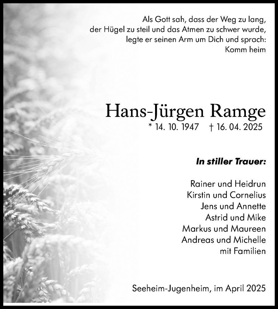  Traueranzeige für Hans-Jürgen Ramge vom 22.04.2025 aus Darmstädter Echo