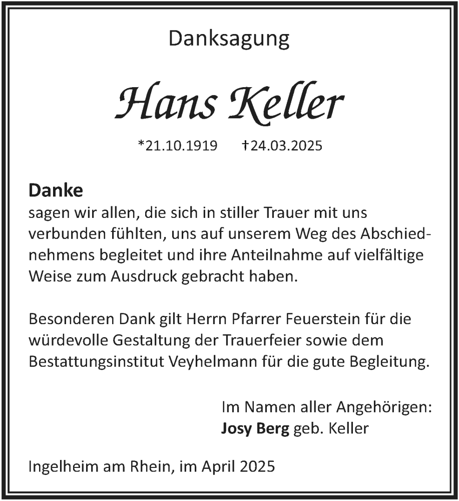  Traueranzeige für Hans Keller vom 19.04.2025 aus Allgemeine Zeitung Rheinhessen-Nahe