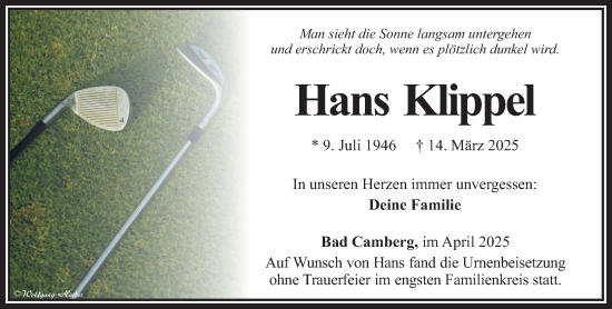 Traueranzeige von Hans Klippel von Camberger Anzeiger