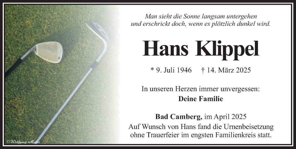  Traueranzeige für Hans Klippel vom 10.04.2025 aus Camberger Anzeiger