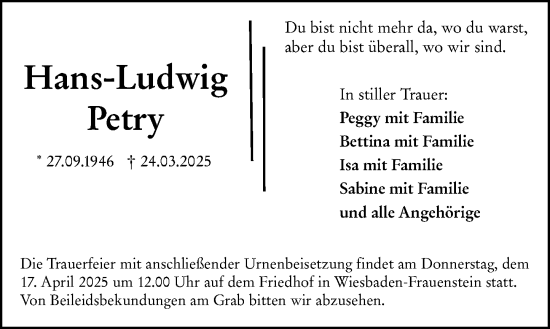 Traueranzeige von Hans-Ludwig Petry von Wiesbadener Kurier
