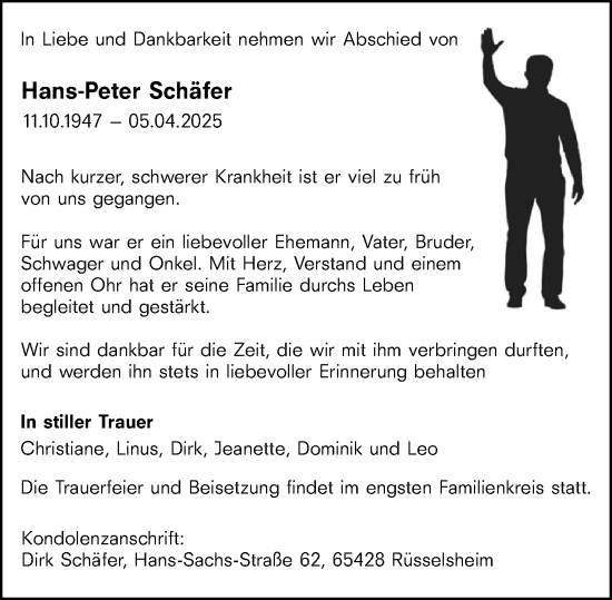 Traueranzeige von Hans-Peter Schäfer von Rüsselsheimer Echo