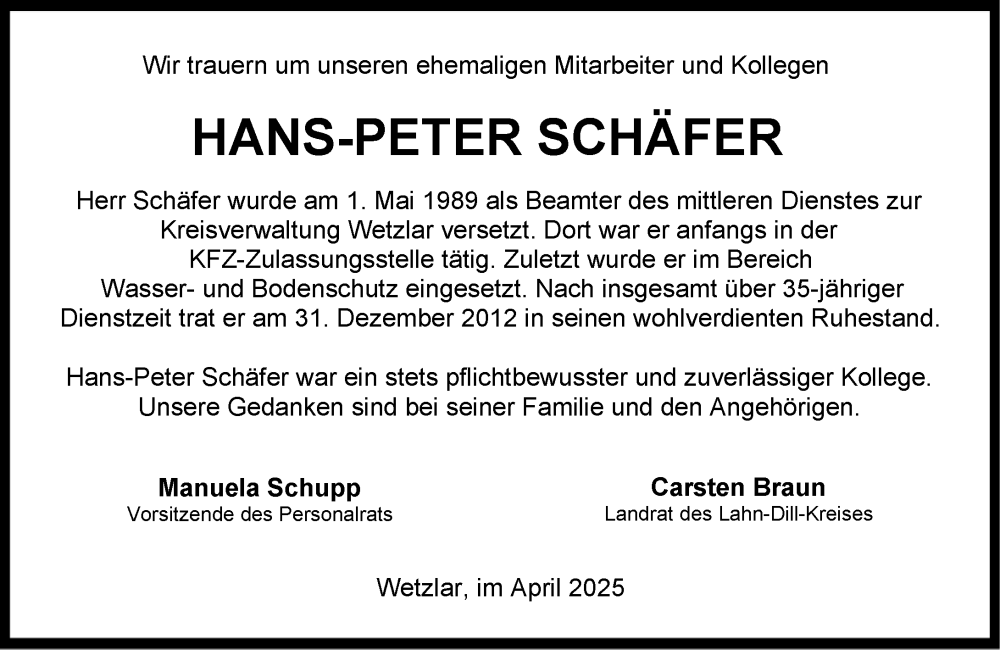  Traueranzeige für Hans-Peter Schäfer vom 02.04.2025 aus Wetzlarer Neue Zeitung