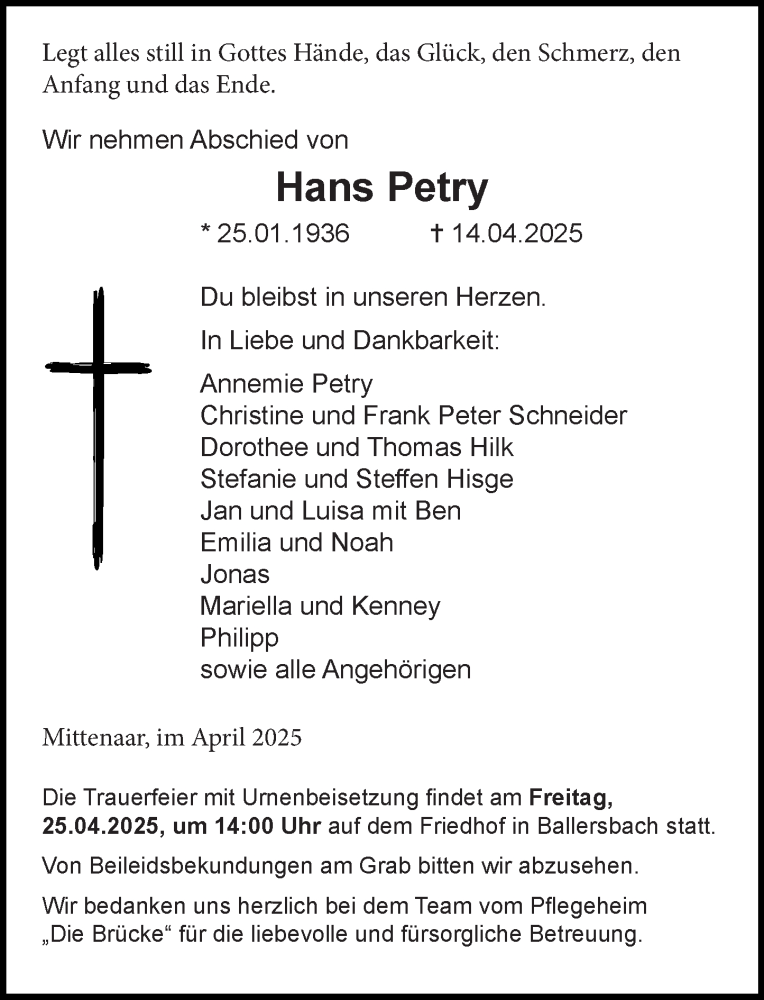  Traueranzeige für Hans Petry vom 23.04.2025 aus Dill Block