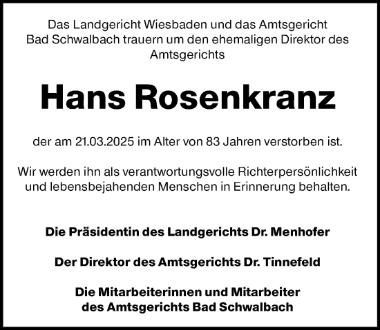 Traueranzeige von Hans Rosenkranz von Wiesbadener Kurier
