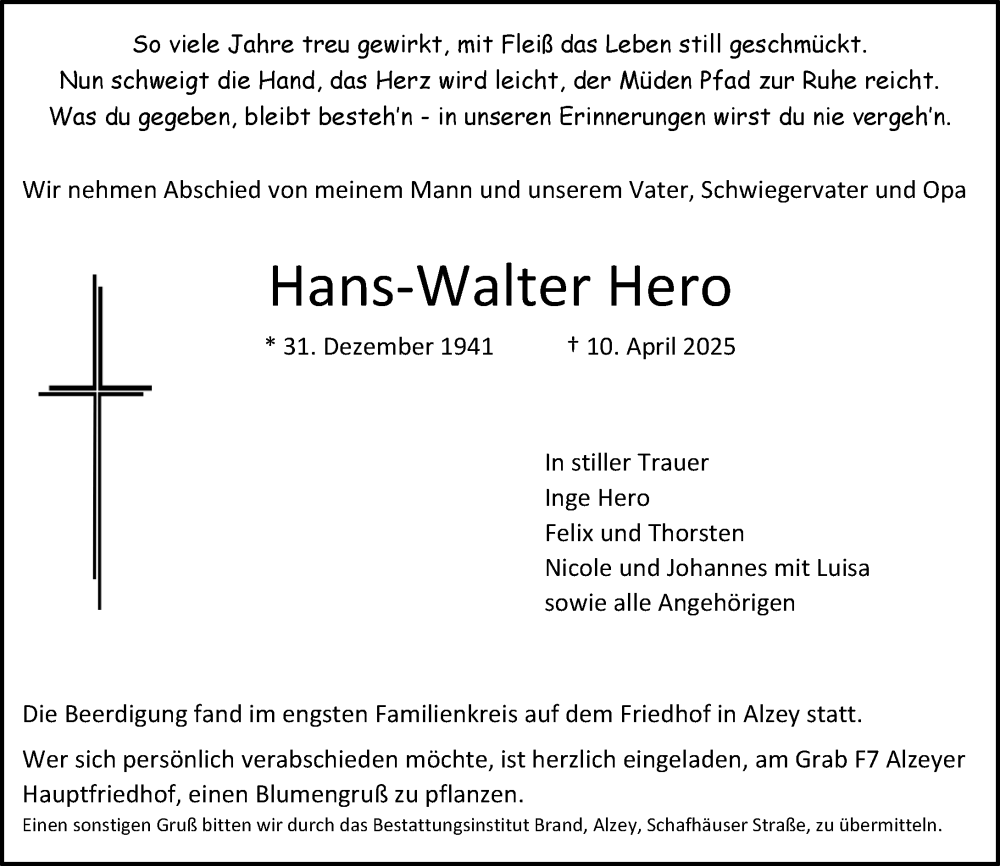  Traueranzeige für Hans-Walter Hero vom 19.04.2025 aus Allgemeine Zeitung Alzey