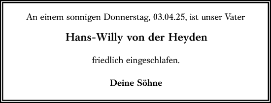 Traueranzeige von Hans-Willy von der Heyden von Darmstädter Echo