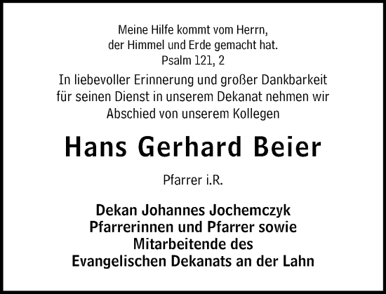 Traueranzeige von Hans Gerhard Beier von Nassauische Neue Presse