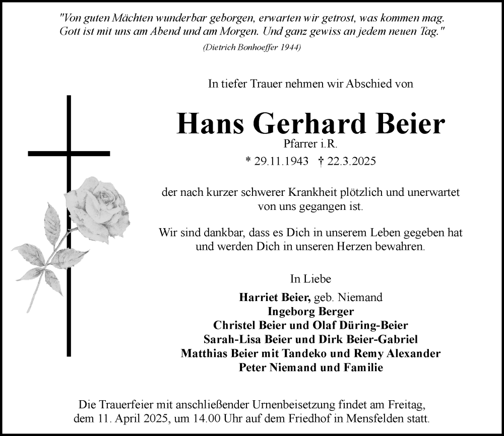  Traueranzeige für Hans Gerhard Beier vom 03.04.2025 aus Camberger Anzeiger