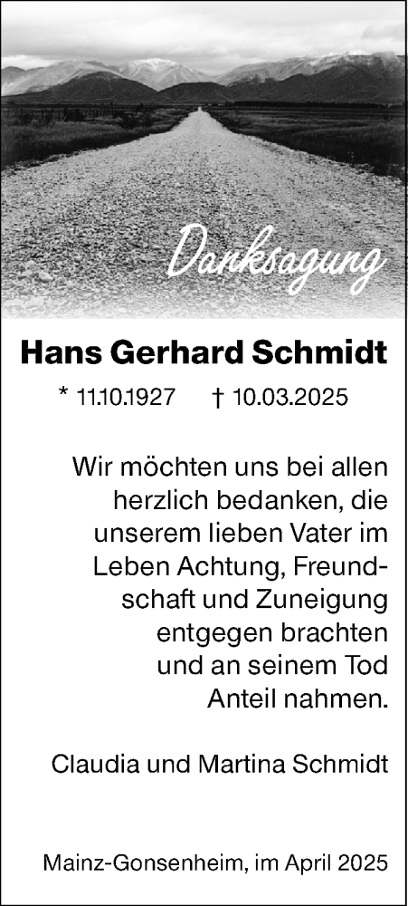  Traueranzeige für Hans Gerhard Schmidt vom 05.04.2025 aus Allgemeine Zeitung Mainz