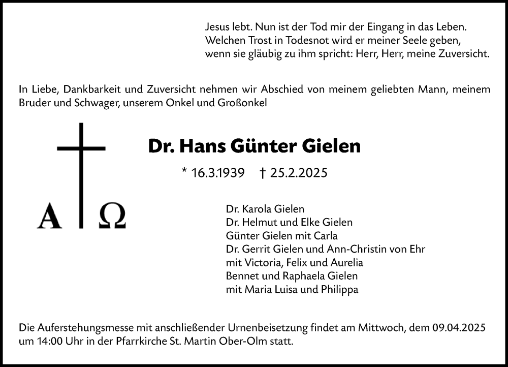  Traueranzeige für Hans Günter Gielen vom 05.04.2025 aus Allgemeine Zeitung Mainz