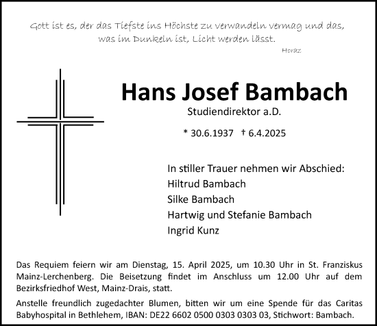 Traueranzeige von Hans Josef Bambach von Allgemeine Zeitung Mainz