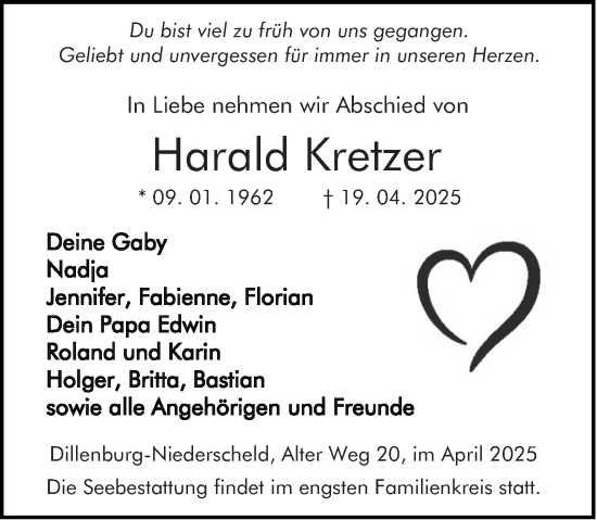 Traueranzeige von Harald Kretzer von Dill Block