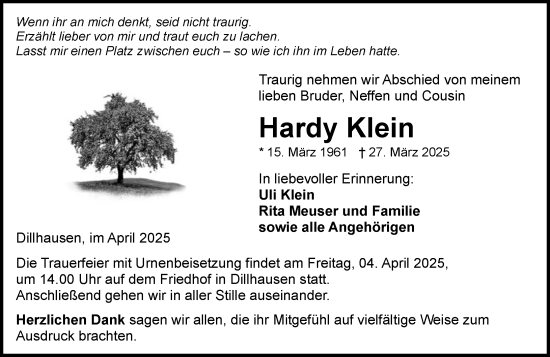Traueranzeige von Hardy Klein von Weilburger Tageblatt