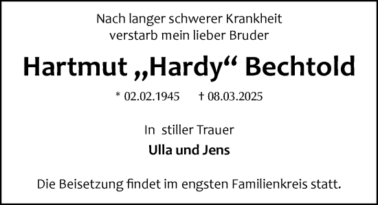 Traueranzeige von Hartmut Bechtold von Wetzlarer Neue Zeitung