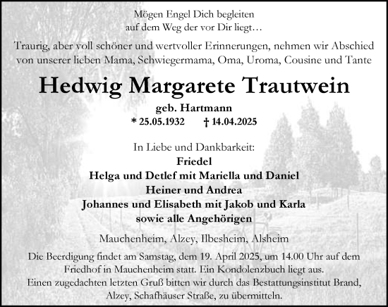 Traueranzeige von Hedwig Margarete Trautwein von Allgemeine Zeitung Alzey