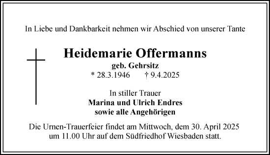 Traueranzeige von Heidemarie Offermanns von Wiesbadener Kurier
