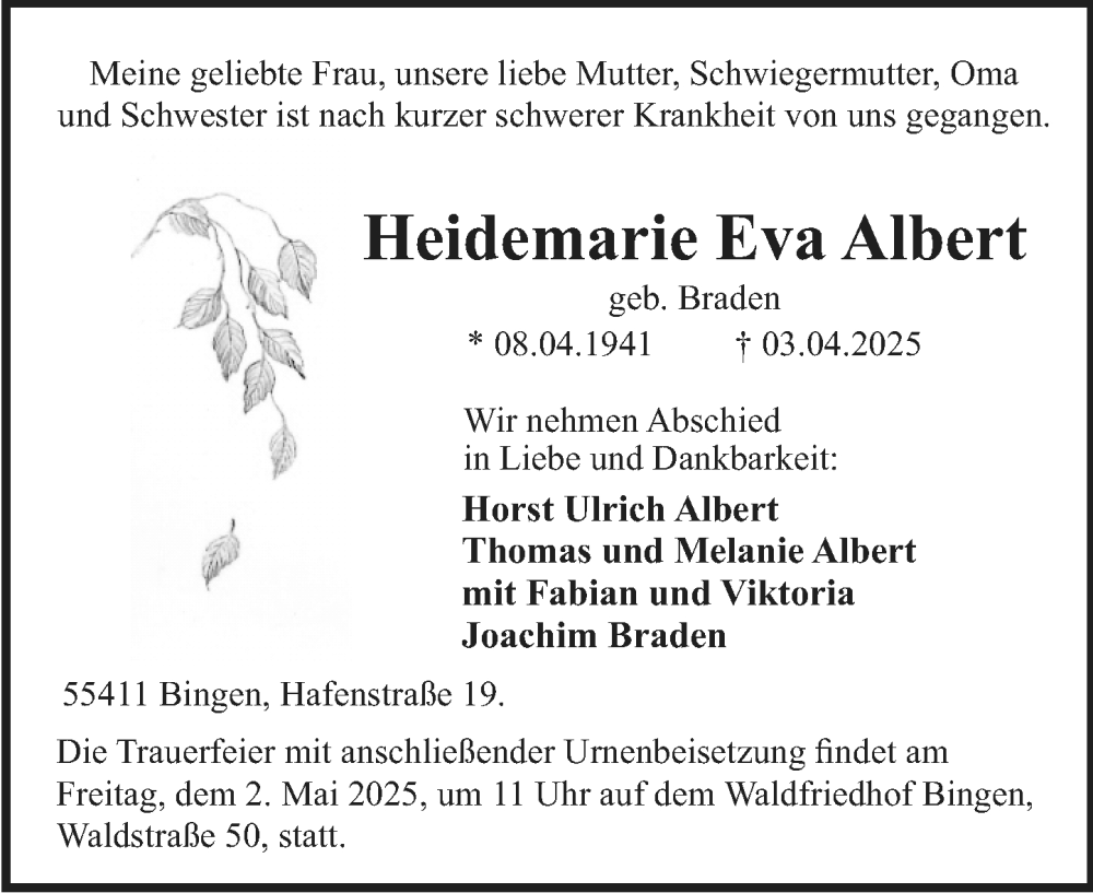  Traueranzeige für Heidemarie Eva Albert vom 26.04.2025 aus Allgemeine Zeitung Rheinhessen-Nahe
