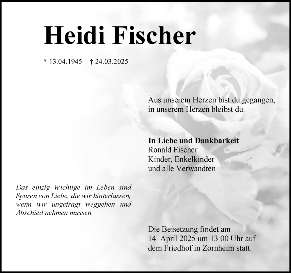  Traueranzeige für Heidi Fischer vom 05.04.2025 aus Allgemeine Zeitung Mainz