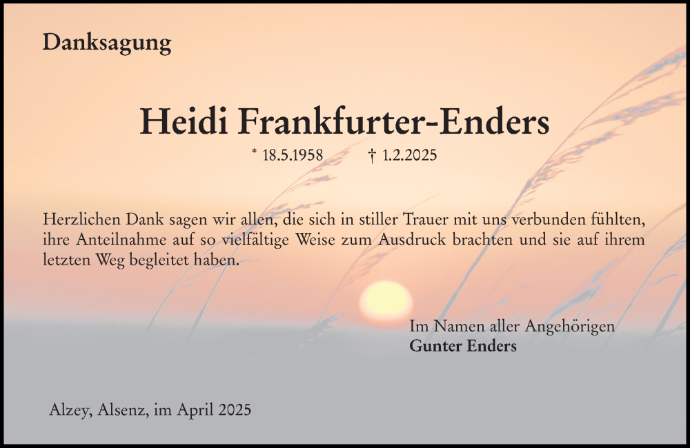  Traueranzeige für Heidi Frankfurter-Enders vom 24.04.2025 aus Allgemeine Zeitung Alzey
