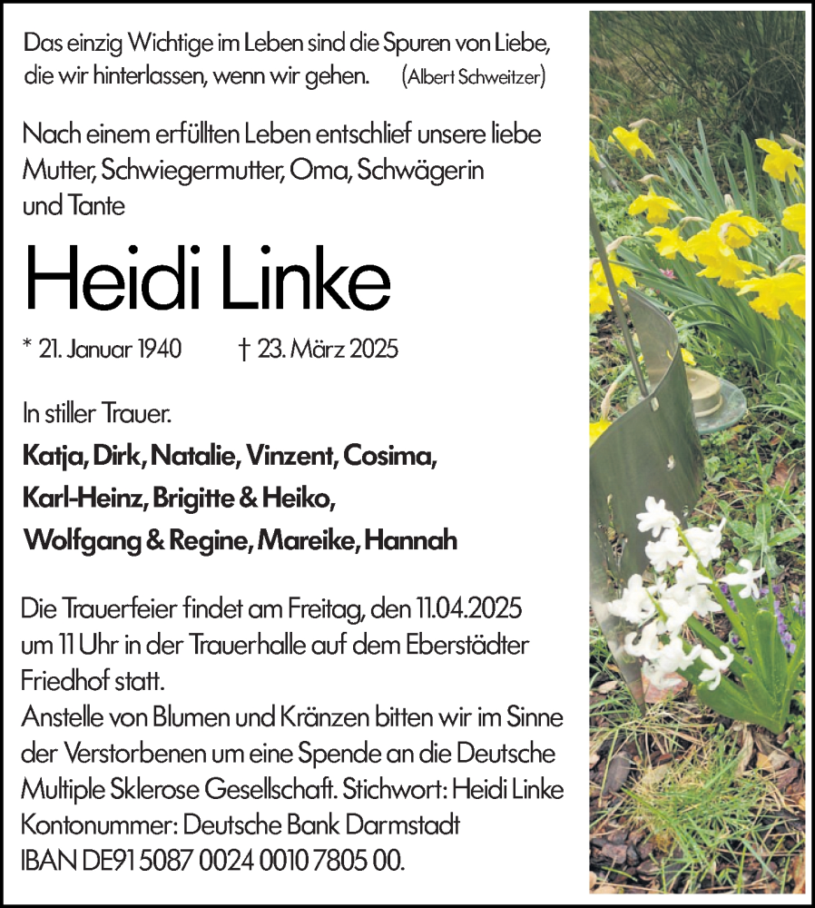  Traueranzeige für Heidi Linke vom 05.04.2025 aus Darmstädter Echo