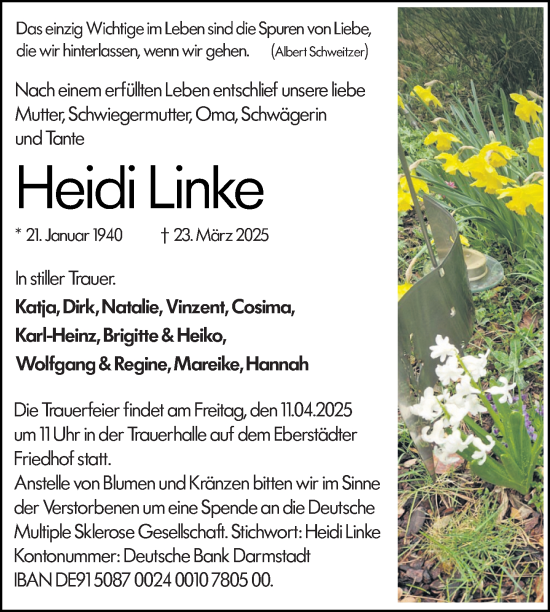 Traueranzeige von Heidi Linke von Darmstädter Echo