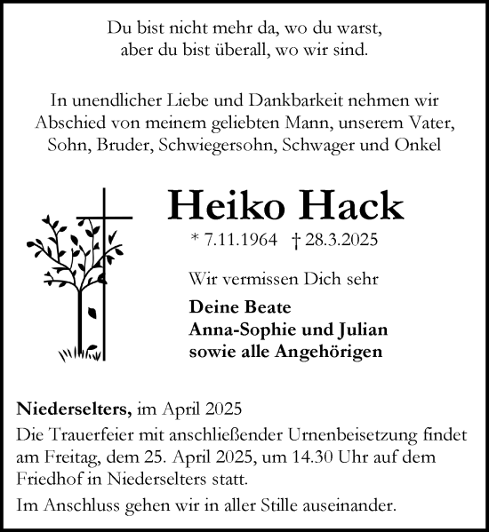 Traueranzeige von Heiko Hack von Camberger Anzeiger