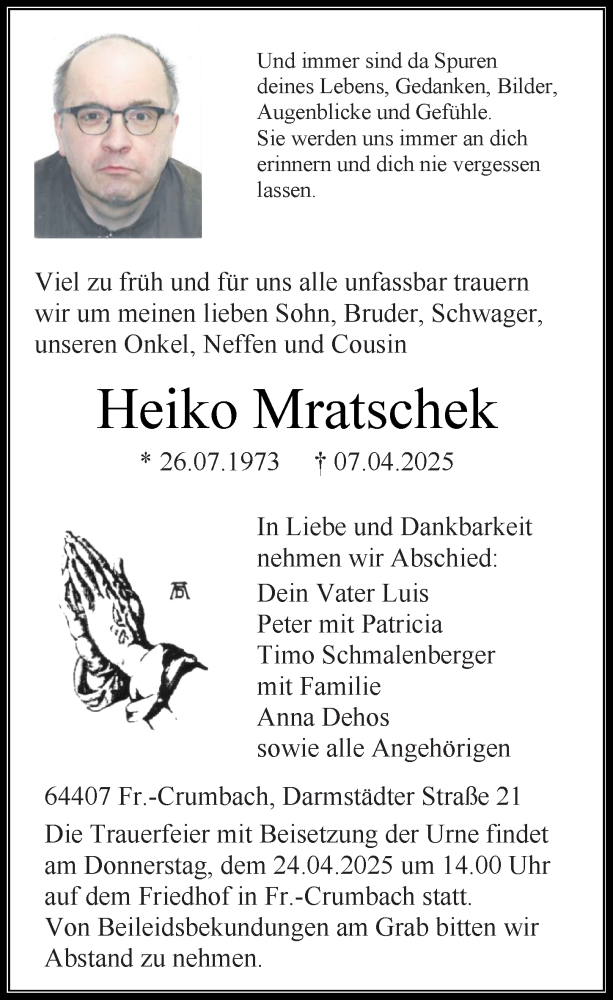  Traueranzeige für Heiko Mratschek vom 19.04.2025 aus Odenwälder Echo