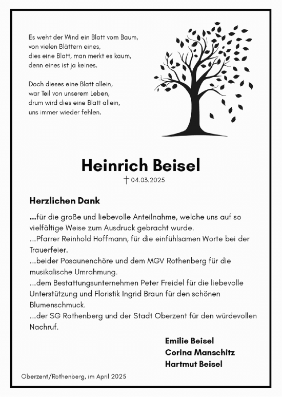 Traueranzeige von Heinrich Beisel von Odenwälder Echo