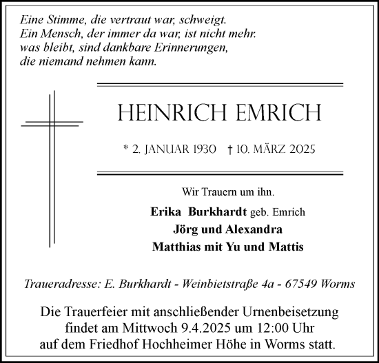 Traueranzeige von Heinrich Emrich von Wormser Zeitung