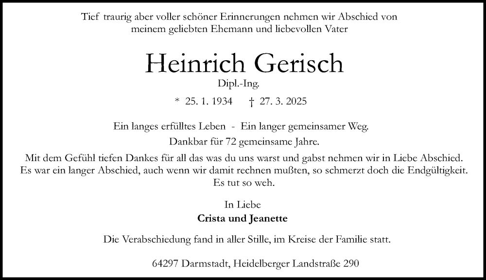  Traueranzeige für Heinrich Gerisch vom 19.04.2025 aus Darmstädter Echo